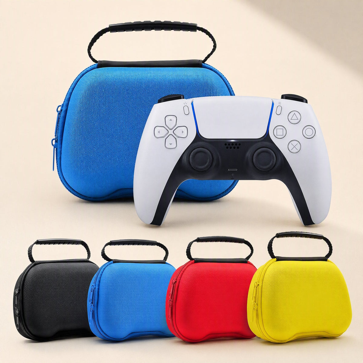 Padcove PS5 Controller Storage Bag in blue beside a white PS5 controller, with black, blue, red, yellow bags below
