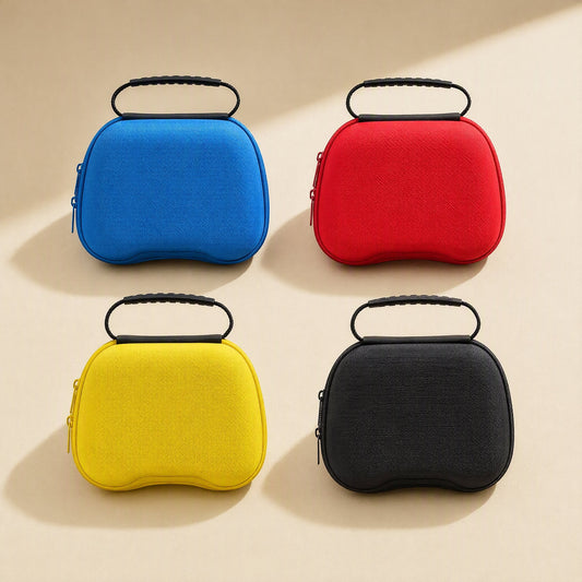Padcove – Four zippered controller cases in blue, red, yellow and black, shown front-on in a 2x2 grid