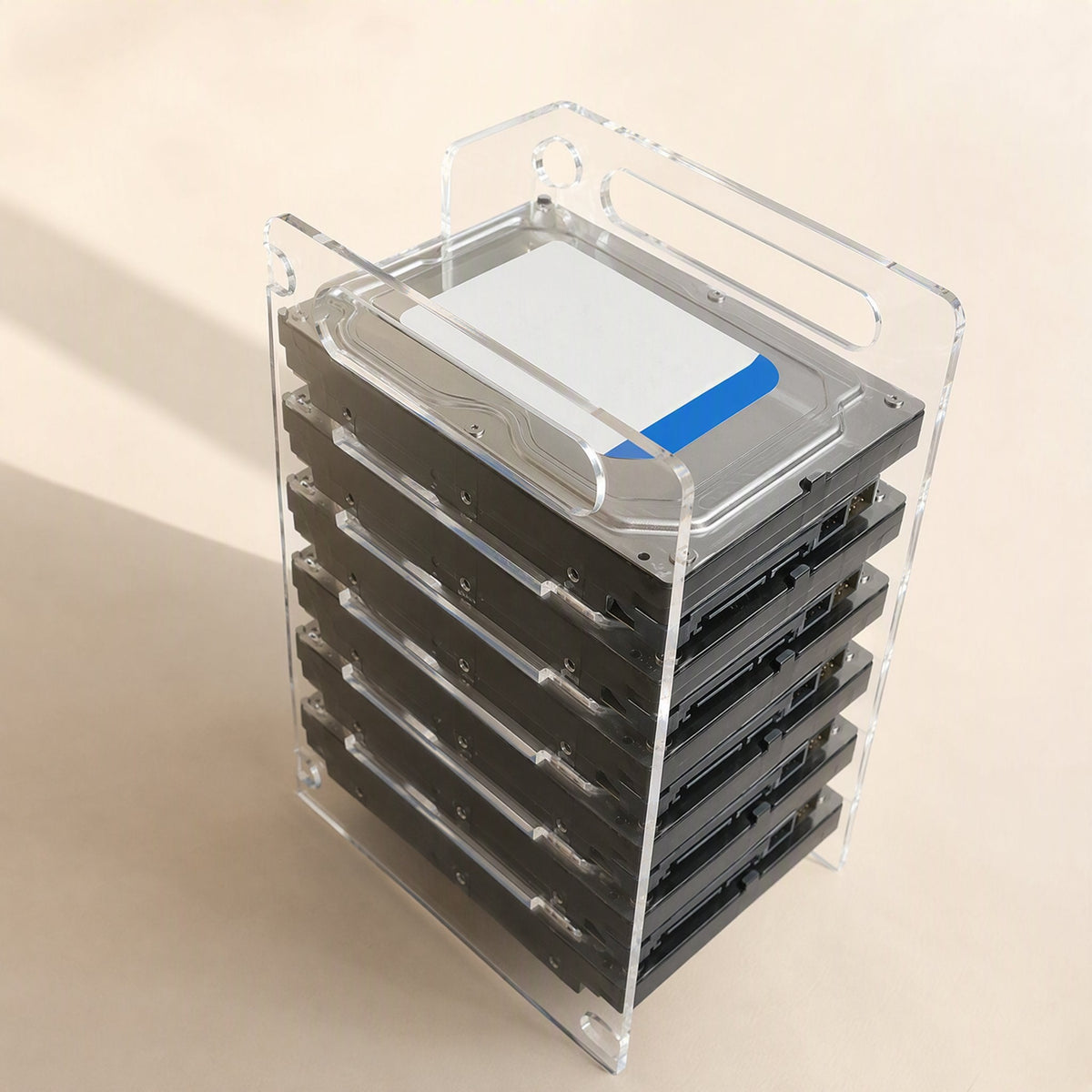 Diskview – Top-down angle of the rack with a drive's white and blue label visible on the uppermost hard disk