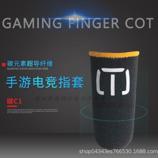 Slideskin – Upright black finger sleeve with white bracket logo and yellow top edge on a dark background