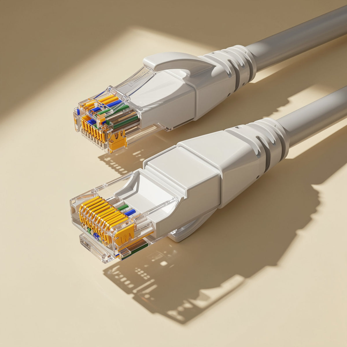 Pairpath Cat6 Ethernet cable with two clear RJ-45 connectors and white boots on a cream surface