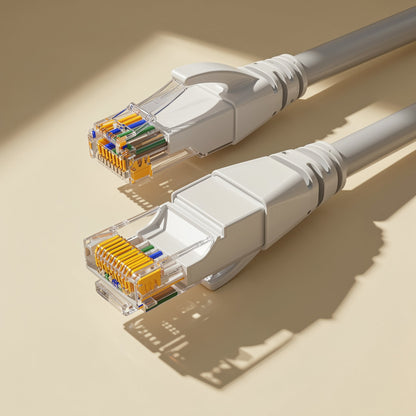 Pairpath Cat6 Ethernet cable with two clear RJ-45 connectors and white boots on a cream surface