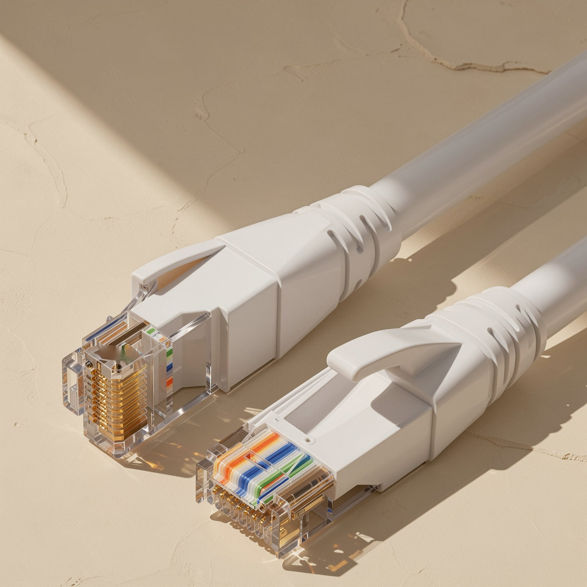 Pairpath Cat6 Ethernet Cable – two white RJ-45 plugs side by side, one showing orange, blue and green twisted wires inside