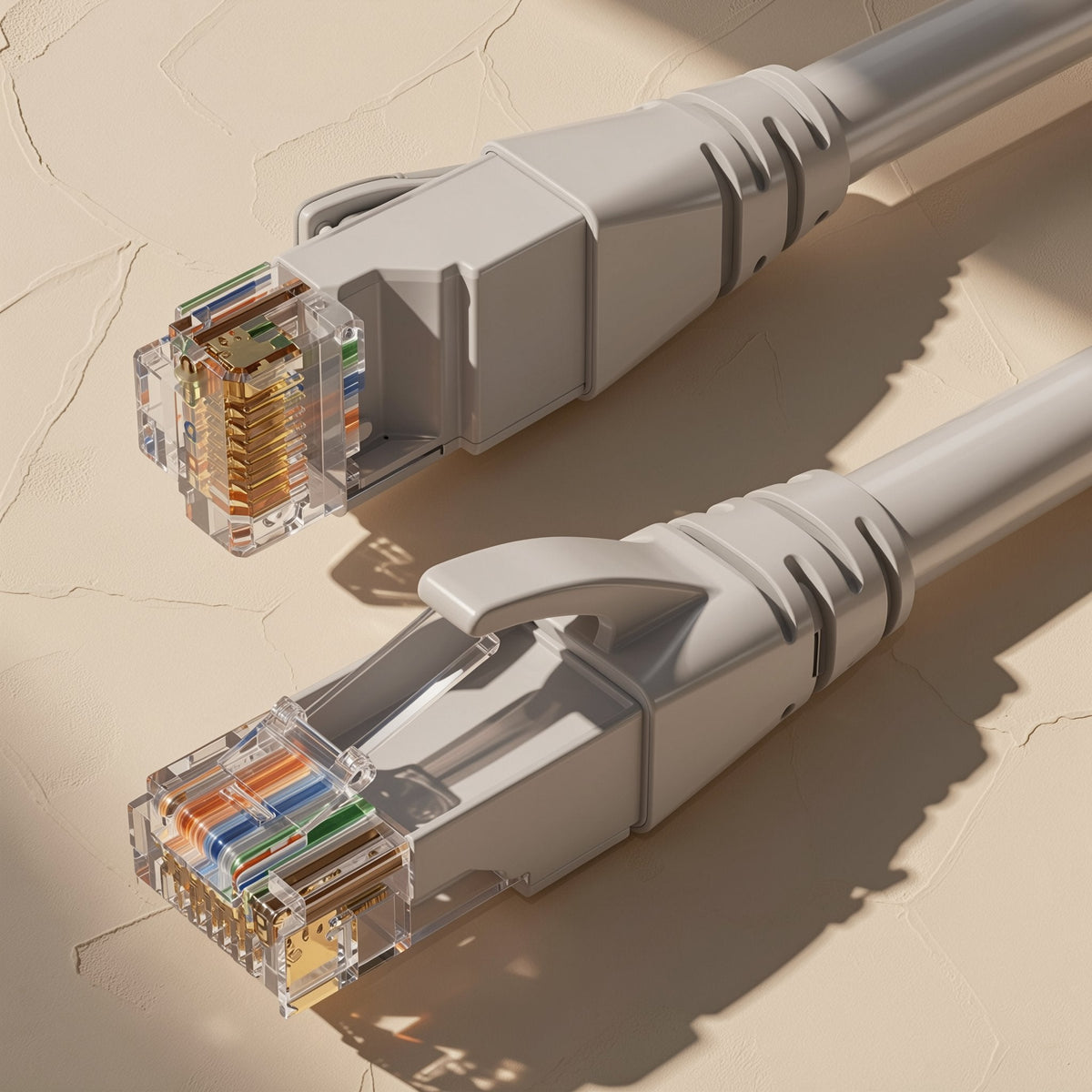 Pairpath – Pair of gray RJ-45 connectors with clear housings and visible color-coded wires on a textured beige surface