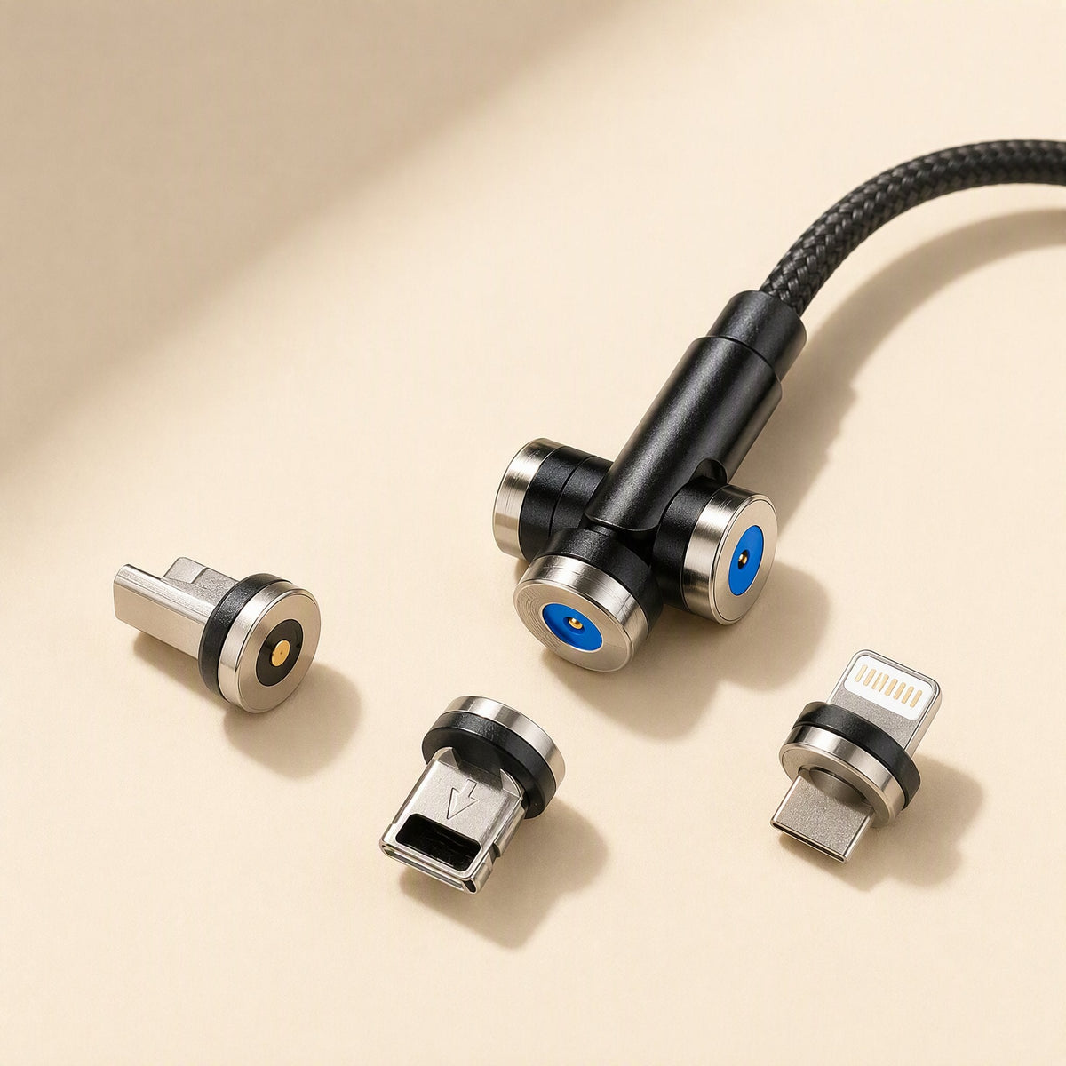 Snapcharge Magnetic Three-in-One Charging Cable with black woven cord and three detachable tips