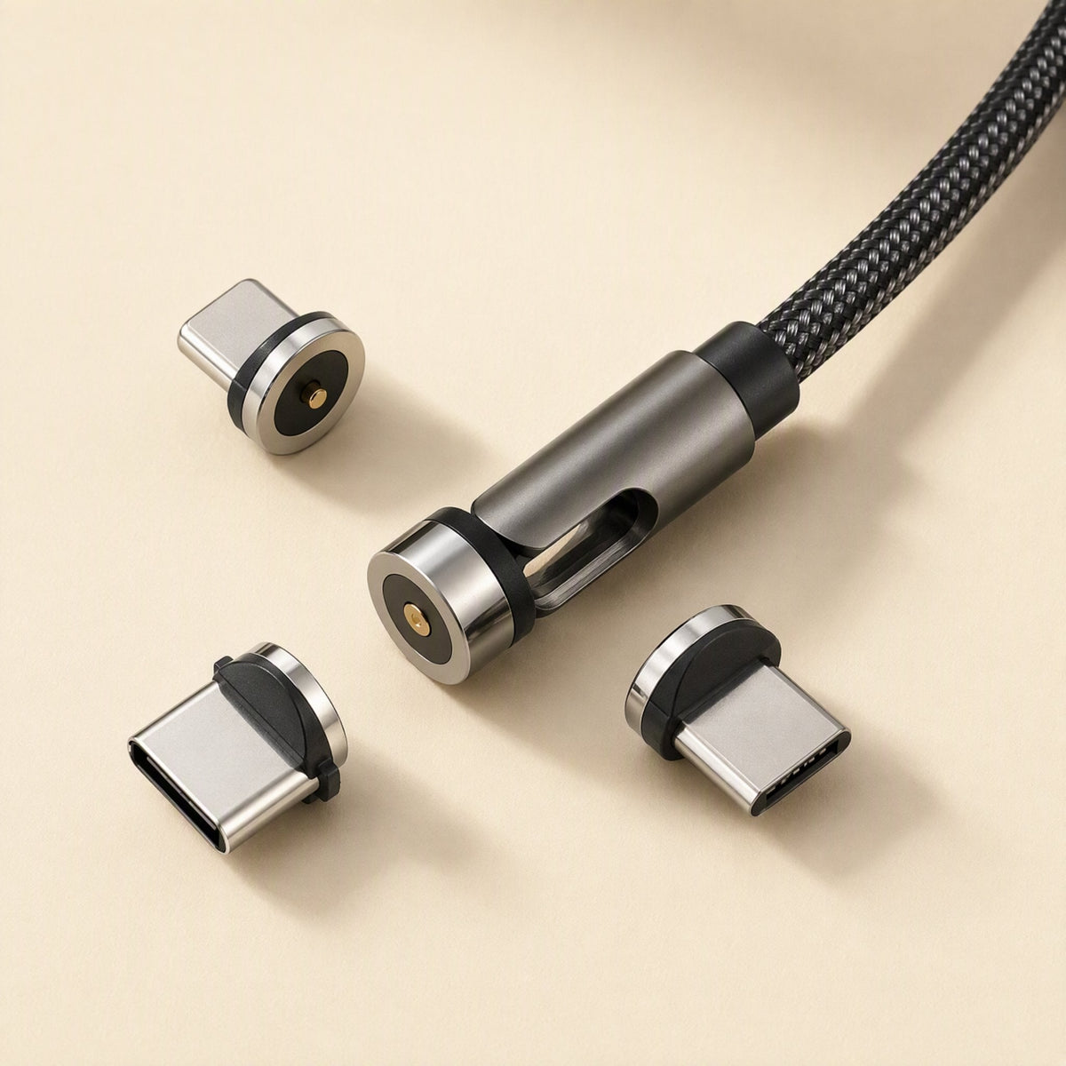Snapcharge – Gray metal cable head beside three magnetic connector tips on a cream background