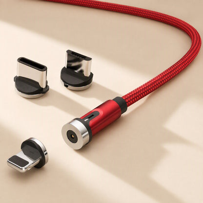 Snapcharge – Red woven cable with its magnetic head and three separate USB-C, micro-USB and Lightning tips