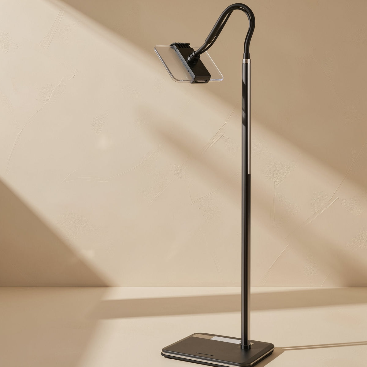 Risepost – Telescopic pole stand with a bent gooseneck arm holding a phone horizontally above a flat black base