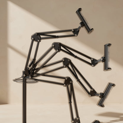 Risepost – Close-up of the jointed cantilever arm in three folded positions, each with a clamp holder at the end