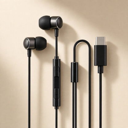 Earchime – Black wired earbuds with inline control module and Type-C plug laid flat on a warm beige background