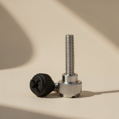 Casebolt Carbon Steel Computer Case Screw in nickel-plated and black finishes, one standing and one on its side