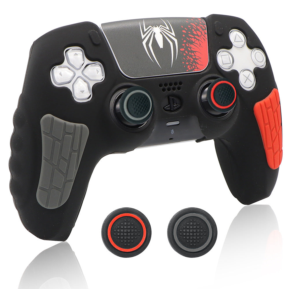 Cladshell PS5 controller silicone case in black with red and gray grips, spider emblem and two thumb grips