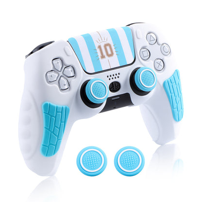 Cladshell – White and light blue striped silicone controller case with number 10 design and matching blue thumb grips