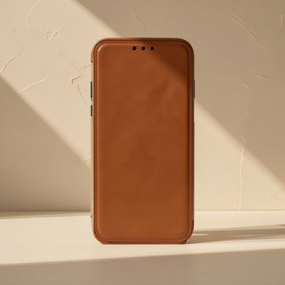 Softshell – Front flap of the tan case, smooth leather with stitched border and three small speaker holes at the top