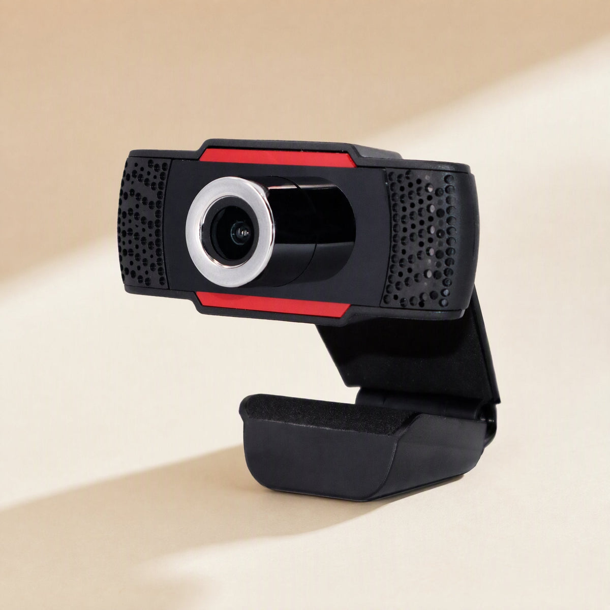 Sharpview 1080P USB Computer Camera in black with red trim, angled view on a beige background