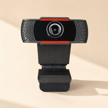 Sharpview – Front view of the webcam with red trim, perforated microphone grilles on both sides and foldable clip base