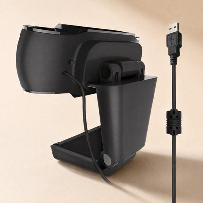 Sharpview – Rear view of the webcam showing the hinged clip mount and attached black USB cable with ferrite bead