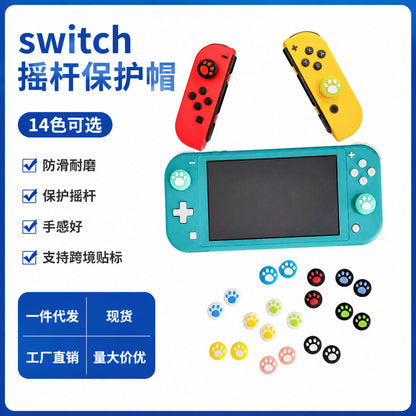 Clawbit Switch Cat Claw Joystick Caps on red, yellow and teal Switch controllers with 14-colour paw cap lineup