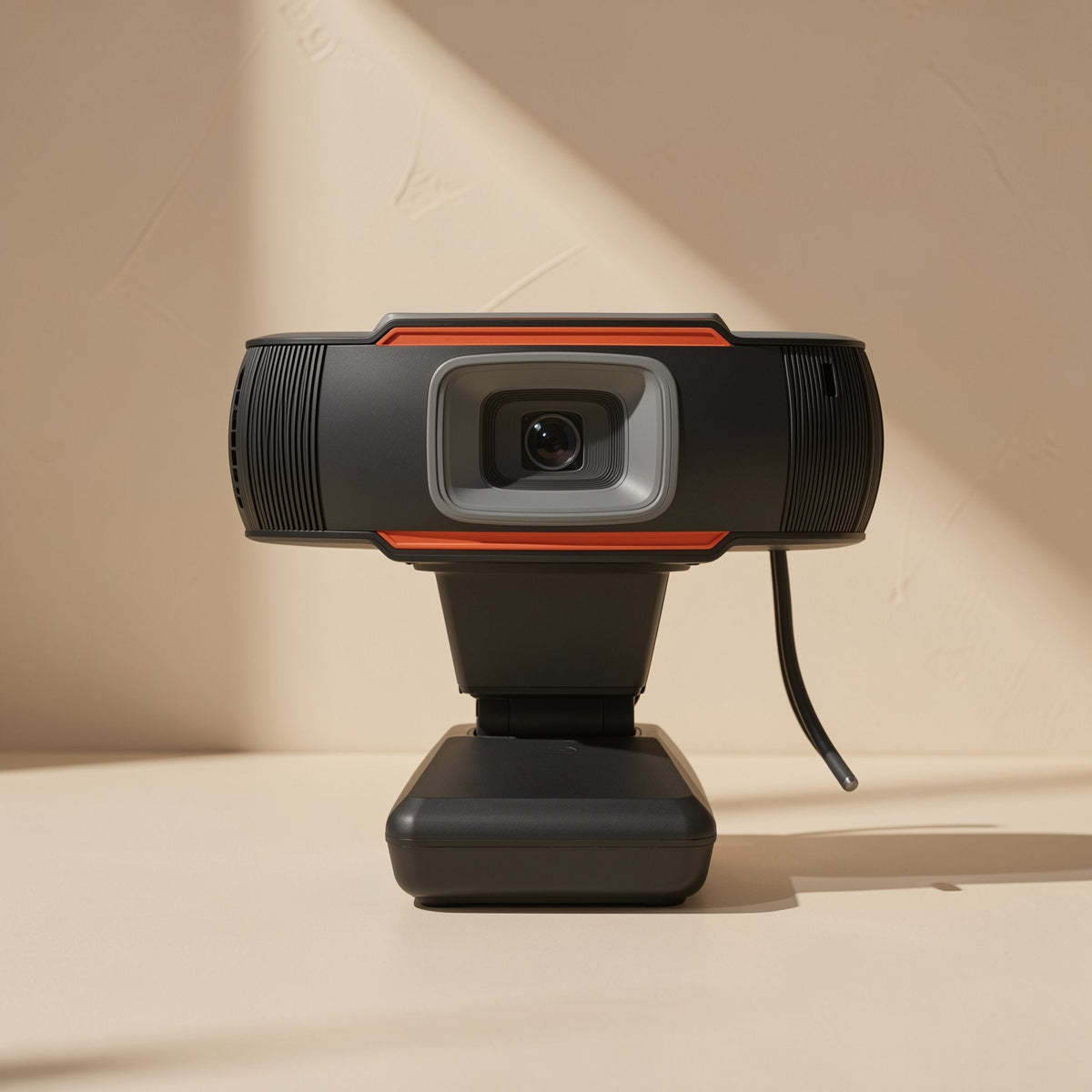 Talklens USB Computer Camera facing forward with orange trim and side microphone vents on a beige surface