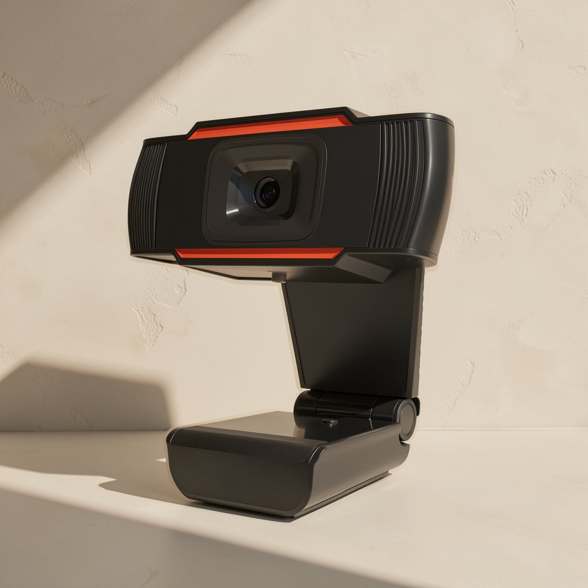 Talklens – Black webcam angled three-quarter view showing lens, orange accents and clip-style base against a cream wall