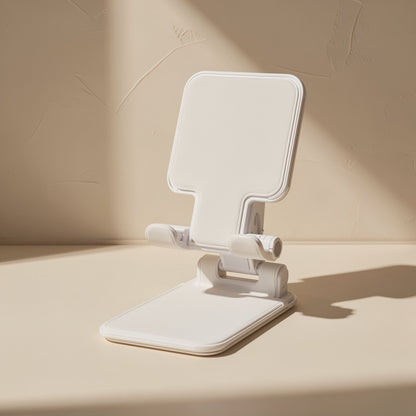 Foldperch – White phone stand with a plain front panel, shown open from the front at a three-quarter angle