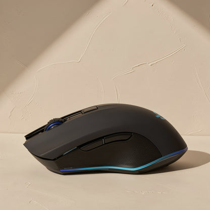 Clickglide M6 Wireless Bluetooth Mouse in black, side view with blue LED strip and scroll wheel