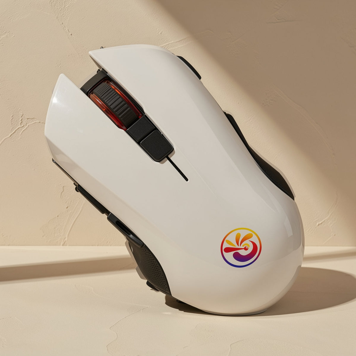 Clickglide – White glossy mouse with red scroll wheel and colourful swirl logo, standing on its side