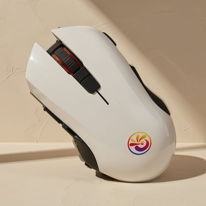 Clickglide – White glossy mouse with red scroll wheel and colourful swirl logo, standing on its side
