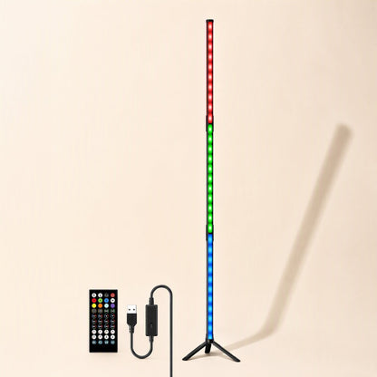 Deskbeam – Tall RGB LED floor light on a tripod base, red, green and blue sections, with remote and USB cable