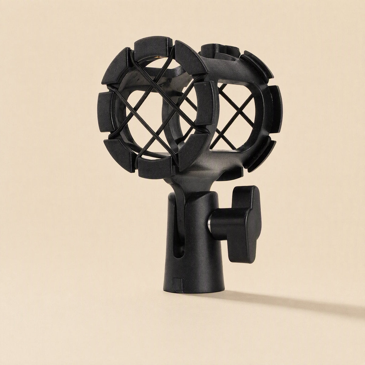 Miccushion condenser microphone shock mount bracket, front view with elastic band suspension and thumb screw