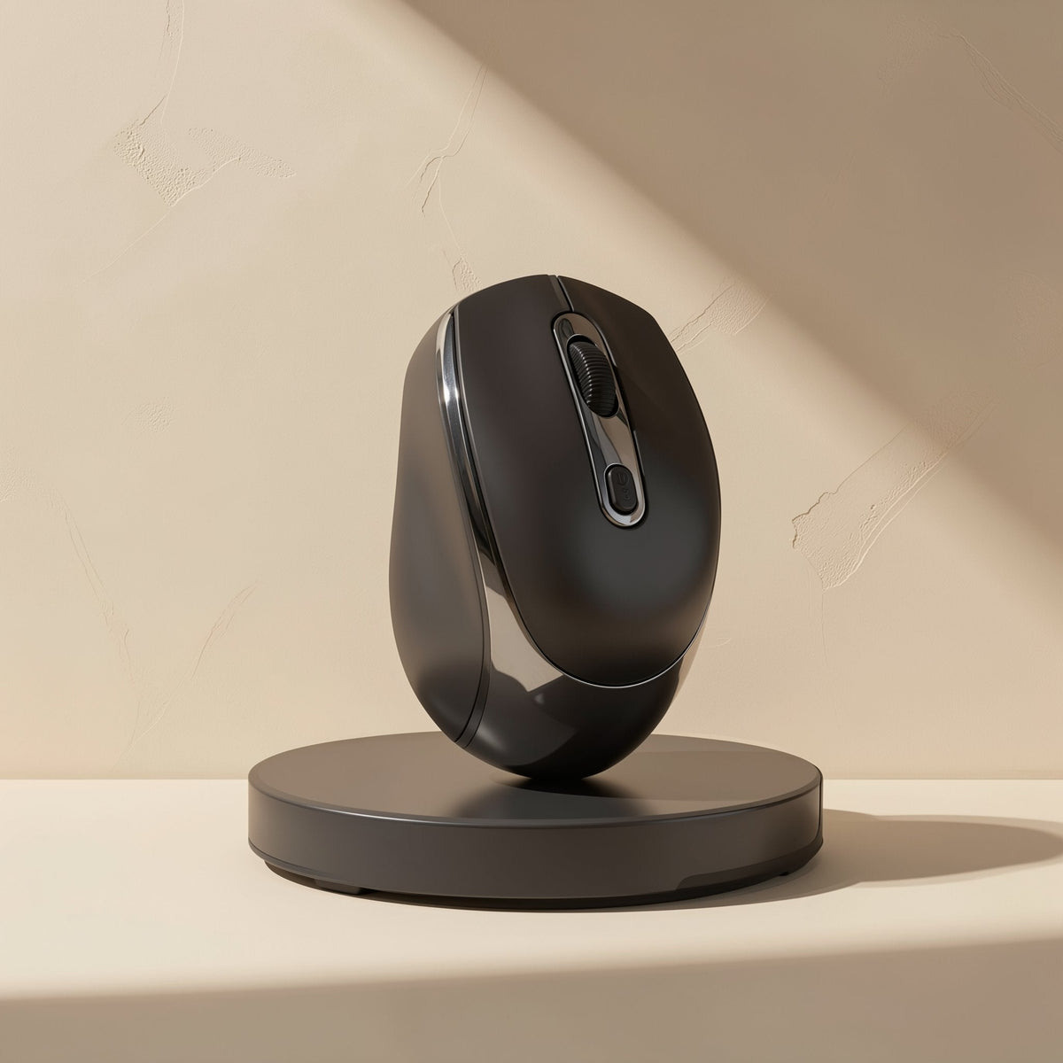 Opticlick – Black wireless mouse with glossy silver trim balanced upright on a round black stand against a beige wall