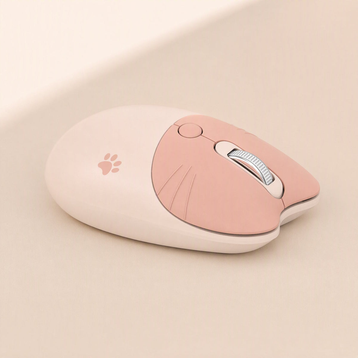 Triclick 3-Key Wireless Mouse in peach and cream with a cat-ear top and paw print, angled side view
