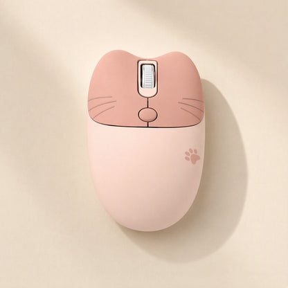 Triclick – Top-down view of a peach and light pink wireless mouse with cat whiskers and a small paw print