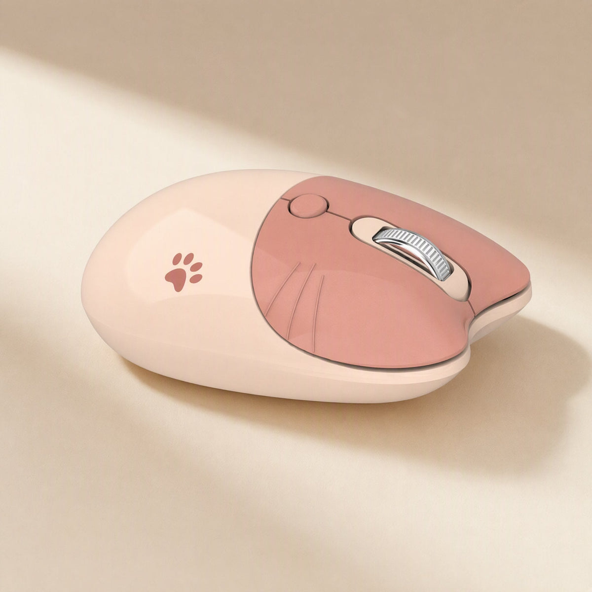 Triclick 3-Key Wireless Mouse – close side angle of a peach and cream cat-design mouse showing the scroll wheel and paw print