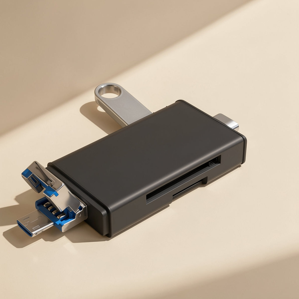 Sixport Type-C Six-in-One Card Reader in black, angled view with blue USB plug and card slot visible