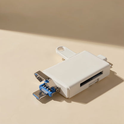 Sixport – White card reader on a beige surface with a flip-out blue USB connector and keyring loop