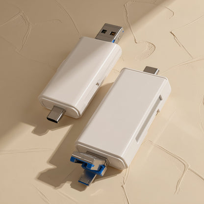 Sixport – Two white card readers side by side, one showing a USB-A plug and the other with Type-C and blue connectors