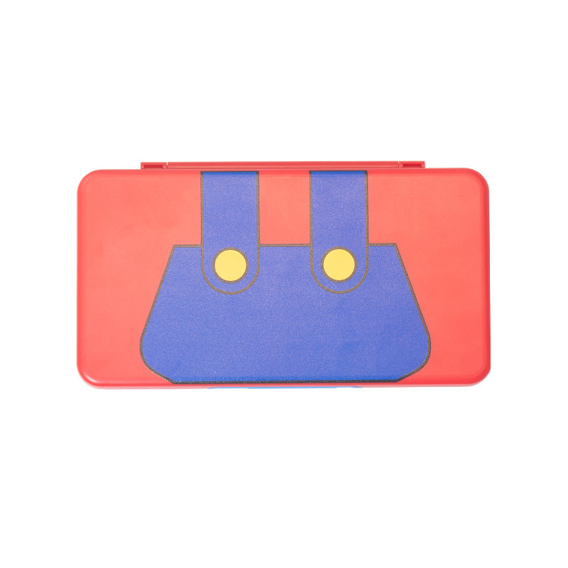 Tuckbox – Closed red case with blue overalls and yellow buttons design, seen from above on a white background