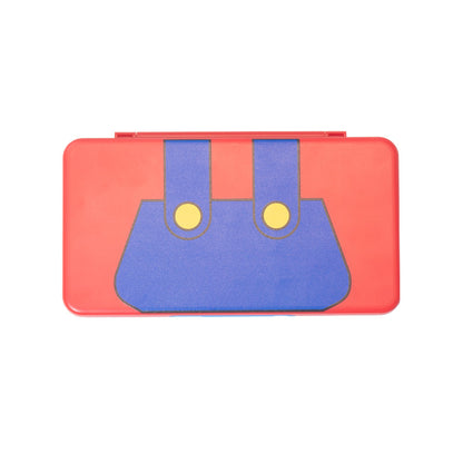 Tuckbox – Closed red case with blue overalls and yellow buttons design, seen from above on a white background
