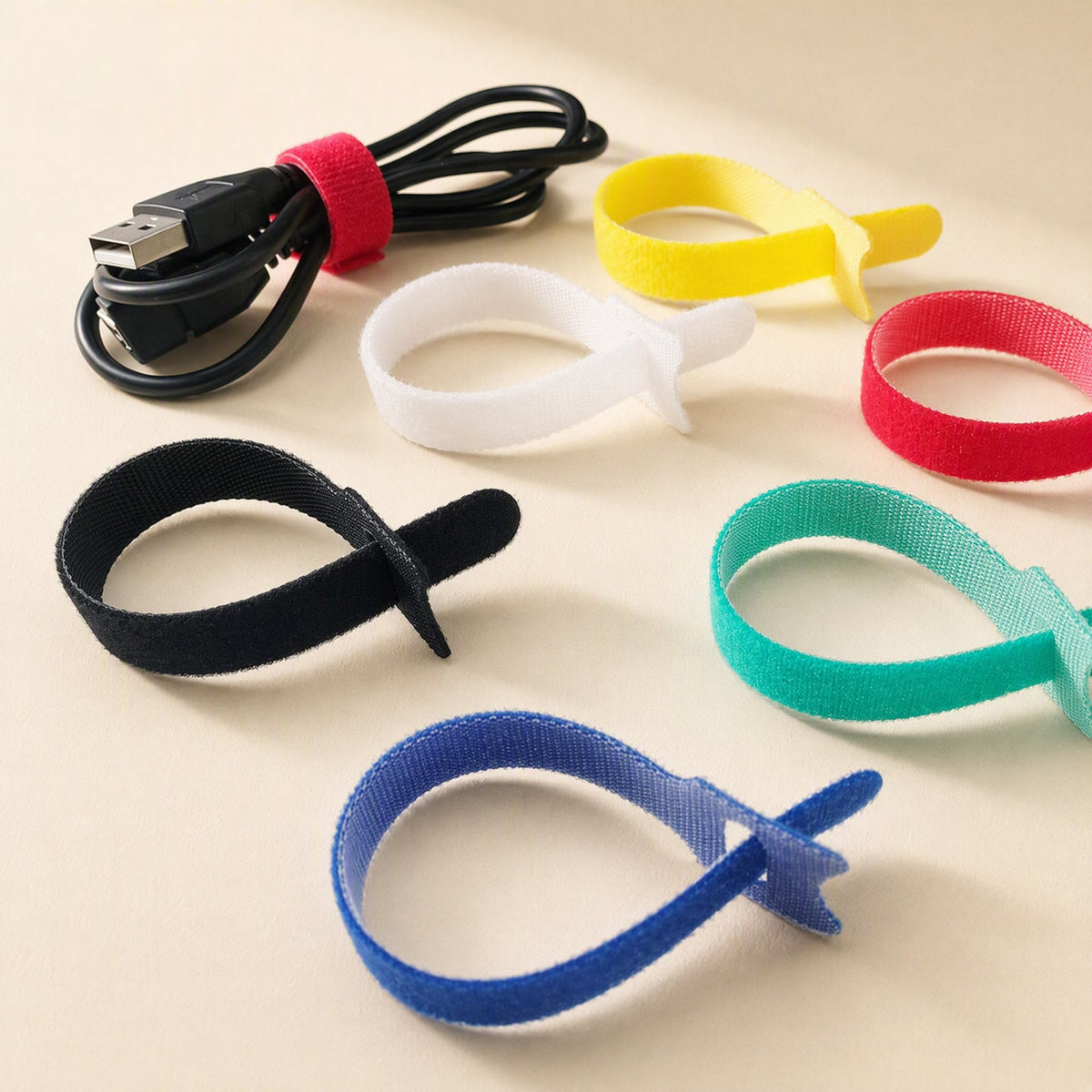 Softbind – Open hook-and-loop loops in white, yellow, red, black, green and blue, with a red tie bundling a USB cable