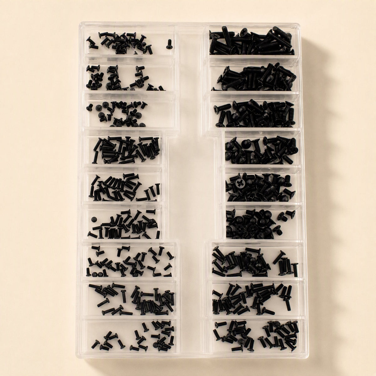 Microbite – Overhead view of a clear divided organizer filled with small black screws sorted into many compartments