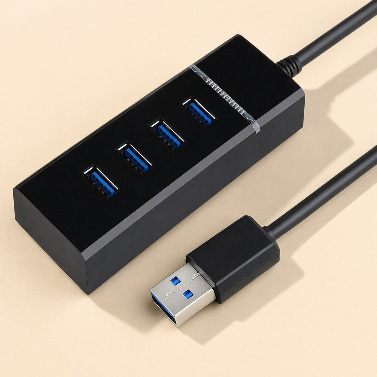 Databranch USB 3.0 Computer Hub Splitter in black, top-down angle showing four blue ports and USB plug
