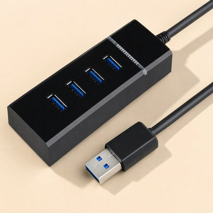 Databranch USB 3.0 Computer Hub Splitter in black, top-down angle showing four blue ports and USB plug