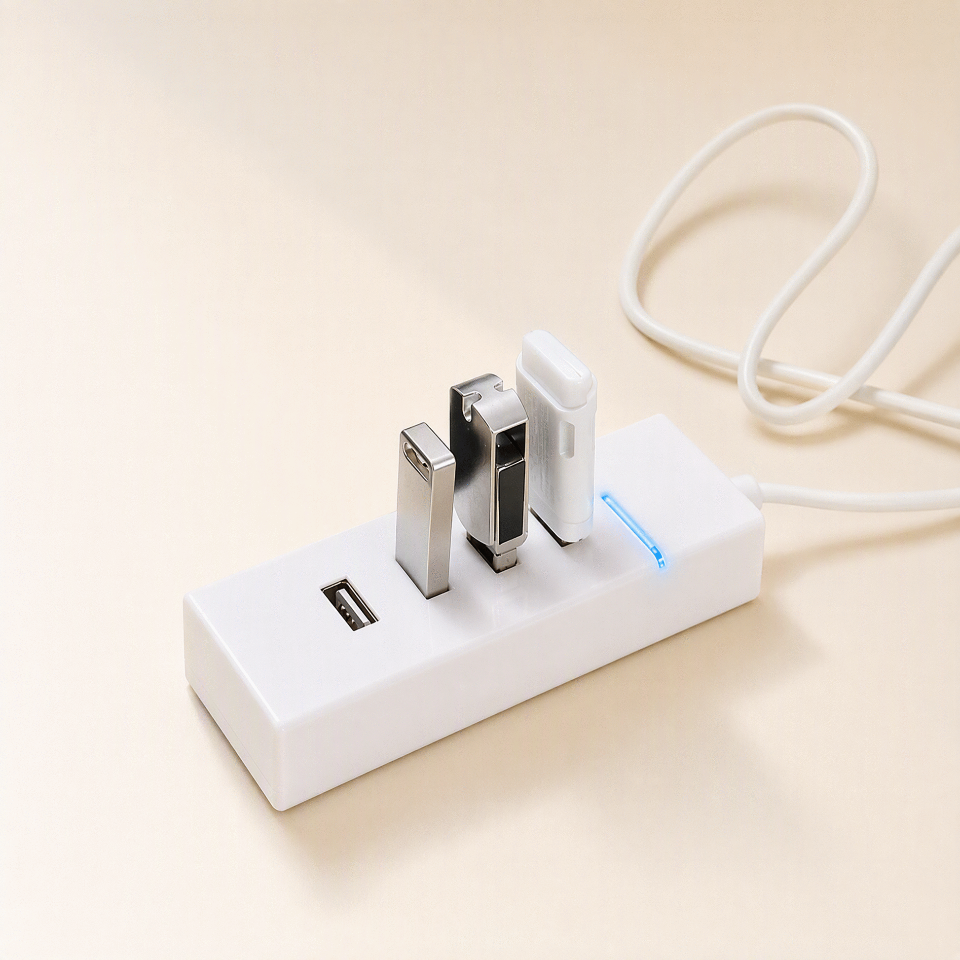 Databranch – White four-port USB hub with three flash drives plugged in and a blue indicator light on a cream surface