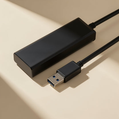 Portsplit USB Hub 4-Port USB 2.0 Splitter in black, shown from above with its USB plug and cable in angled light