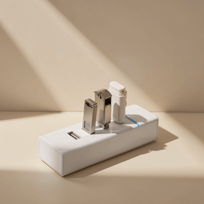 Portsplit – White rectangular hub with two metal flash drives and a white drive plugged into its top, on a beige surface
