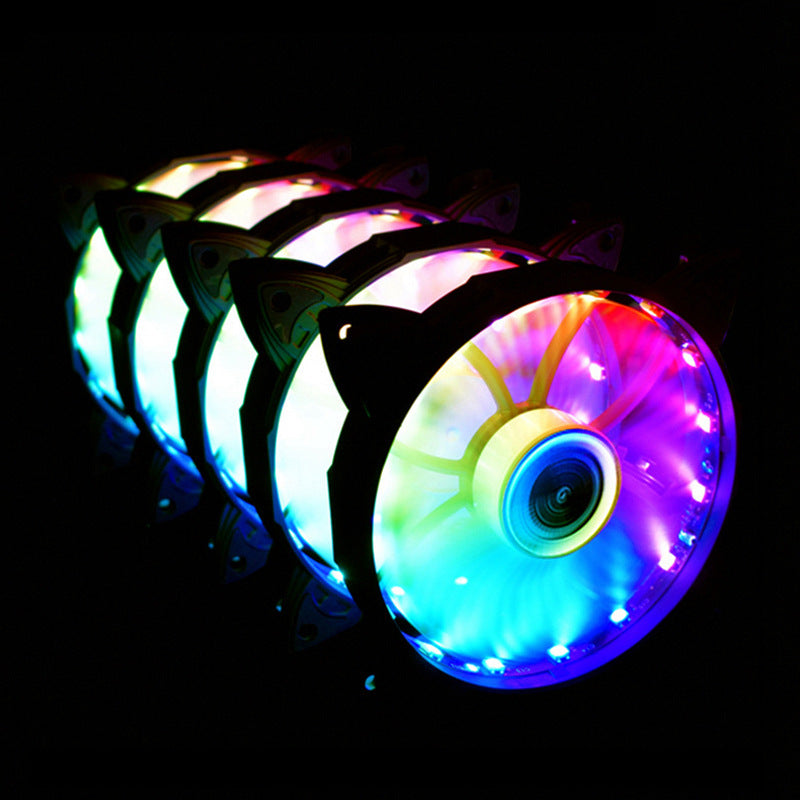 Glowvane RGB PC Case Fan – row of RGB fans lined up in perspective, the front one showing a glowing blade hub and LED ring