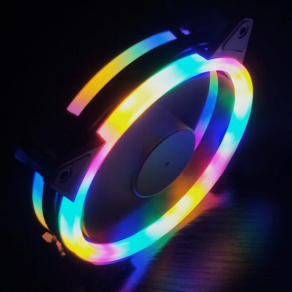 Glowvane RGB PC Case Fan – fan seen at an angle with a thick rainbow light ring around the frame on a dark surface