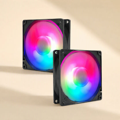 Copperchill – Two black square RGB fans glowing in pink, blue and green, shown side by side on a beige background