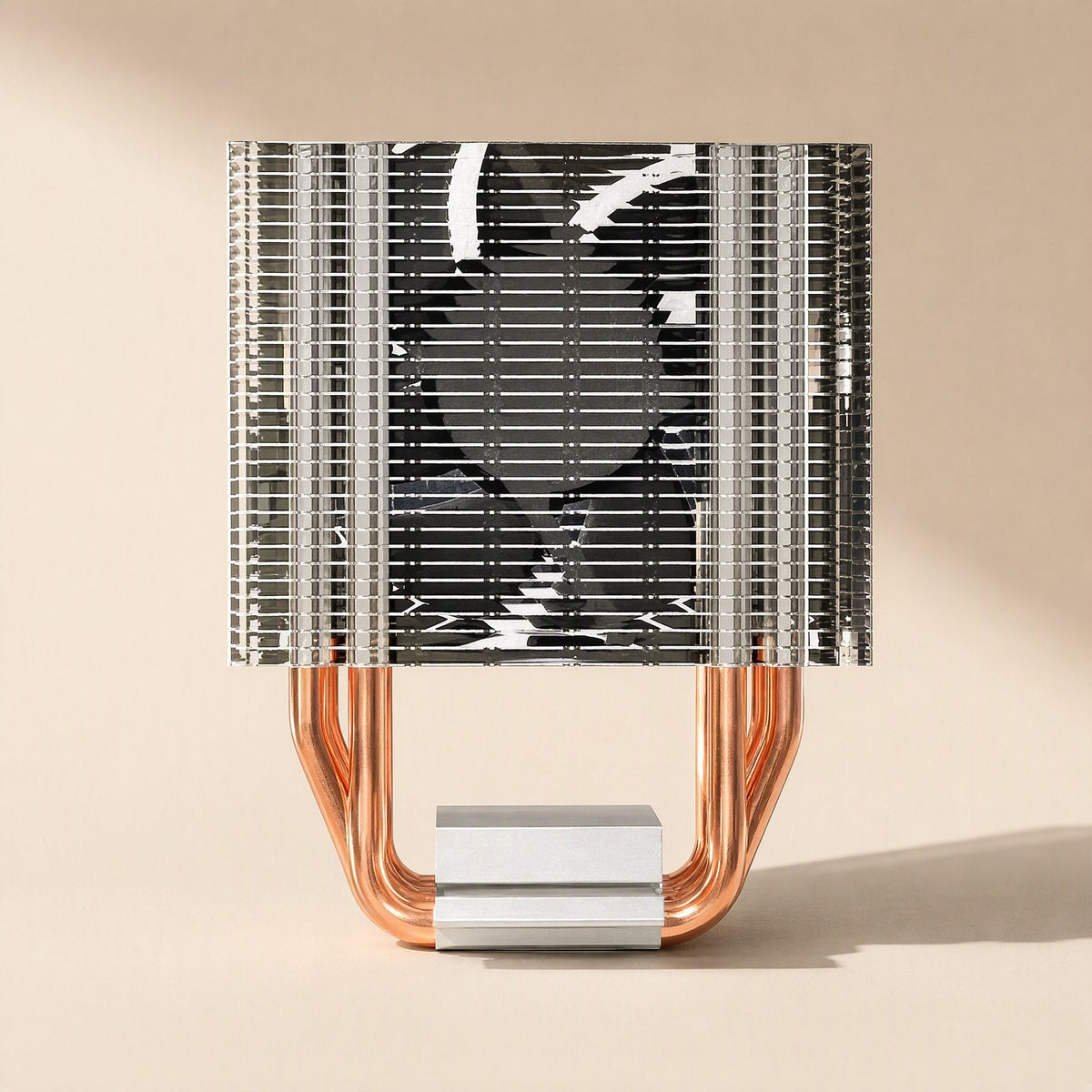 Copperchill – Side view of the aluminum fin stack, curved copper heat pipes and flat base plate